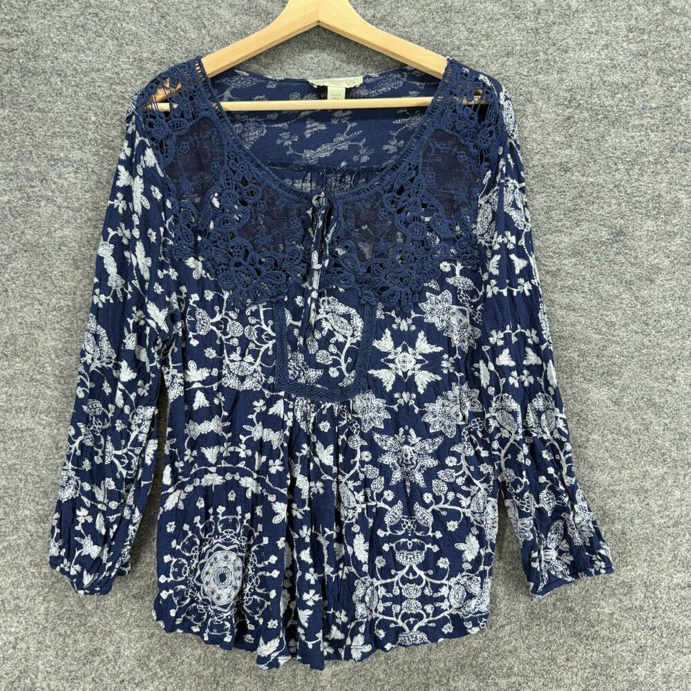Unbranded Blouse Women M Medium Blue Geometric Tasseled Long Sleeve Casual